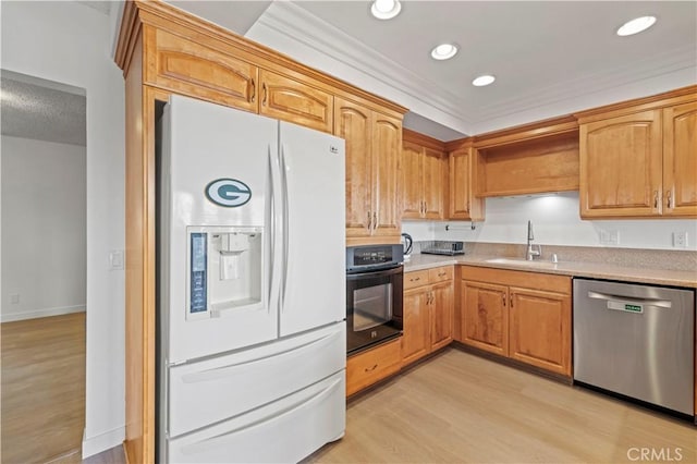 kitchen featuring sink, light hardwood / wood-style flooring, oven, stainless steel dishwasher, and white refrigerator with ice dispenser