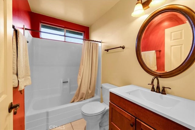 full bathroom featuring shower / tub combo, vanity, tile patterned flooring, and toilet