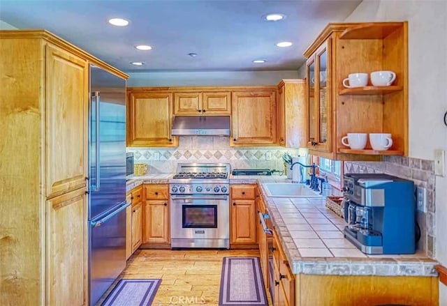 kitchen with sink, light wood-type flooring, premium appliances, tile counters, and backsplash