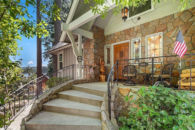 28065 N Peninsula Dr, Lake Arrowhead, CA 92352 - property entrance with stone siding