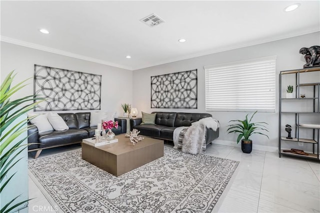 living room featuring crown molding