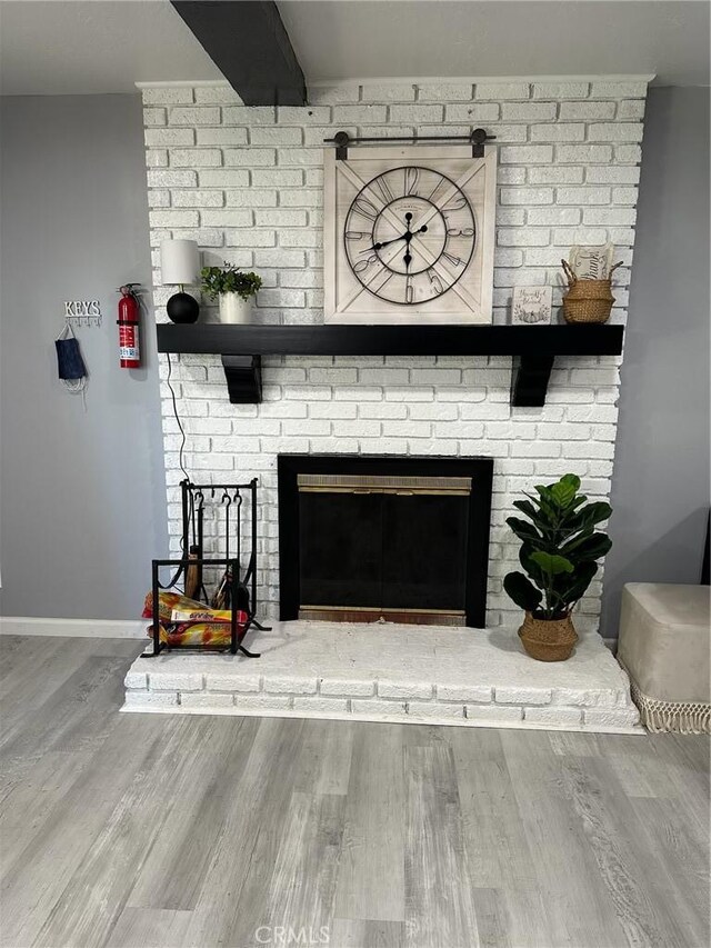 room details featuring hardwood / wood-style floors and a fireplace