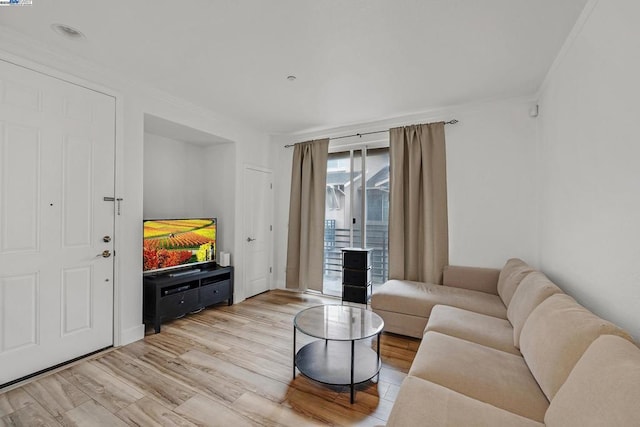 living room featuring crown molding and light hardwood / wood-style floors