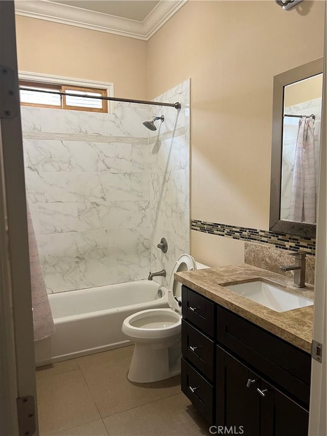 full bathroom featuring tile patterned flooring, vanity, shower / tub combo, toilet, and crown molding