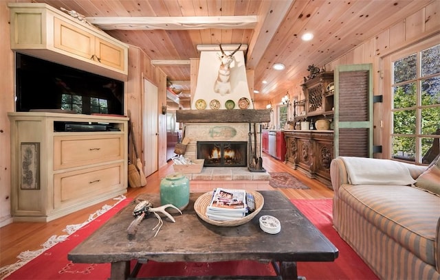 living room featuring wood ceiling, wooden walls, light hardwood / wood-style floors, and lofted ceiling with beams