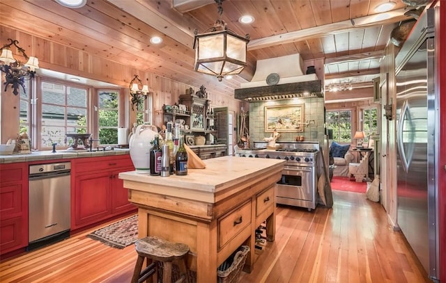 kitchen with wood walls, premium appliances, custom exhaust hood, light hardwood / wood-style floors, and wood ceiling