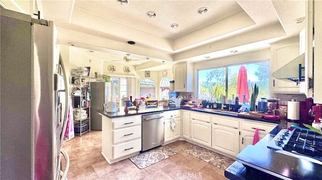 kitchen featuring appliances with stainless steel finishes, kitchen peninsula, a raised ceiling, and plenty of natural light