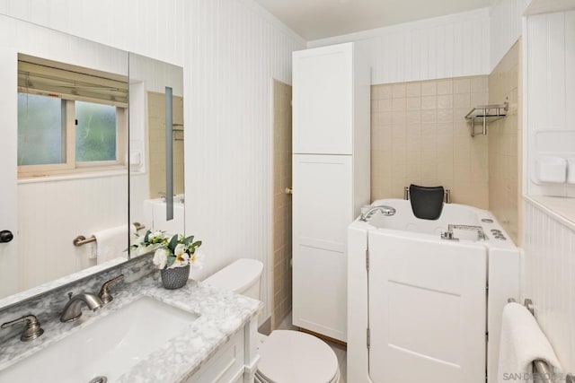 bathroom with a washtub, vanity, and toilet