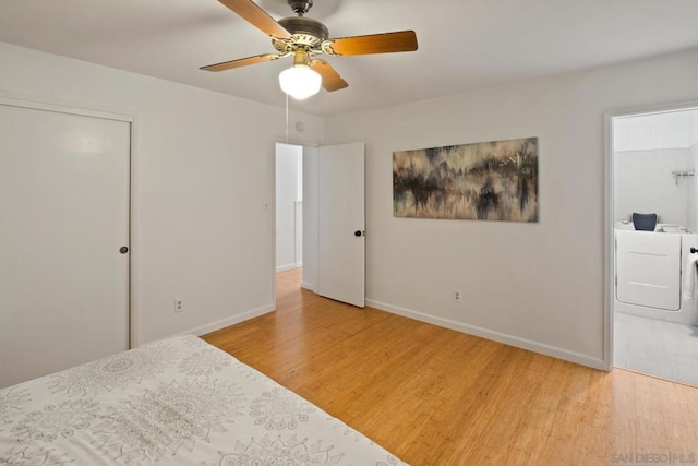 bedroom with ceiling fan and light wood-type flooring