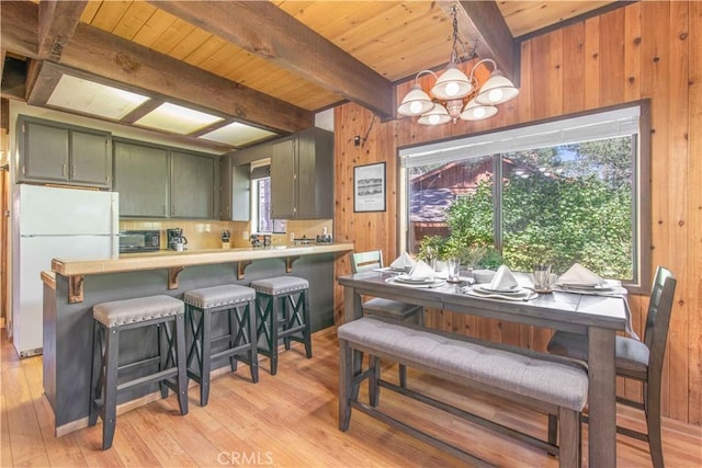 dining area featuring light hardwood / wood-style flooring, an inviting chandelier, wooden ceiling, beamed ceiling, and wood walls