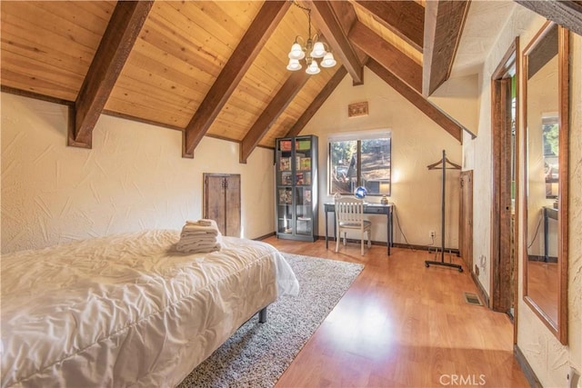 bedroom with an inviting chandelier, wood-type flooring, lofted ceiling with beams, and wooden ceiling