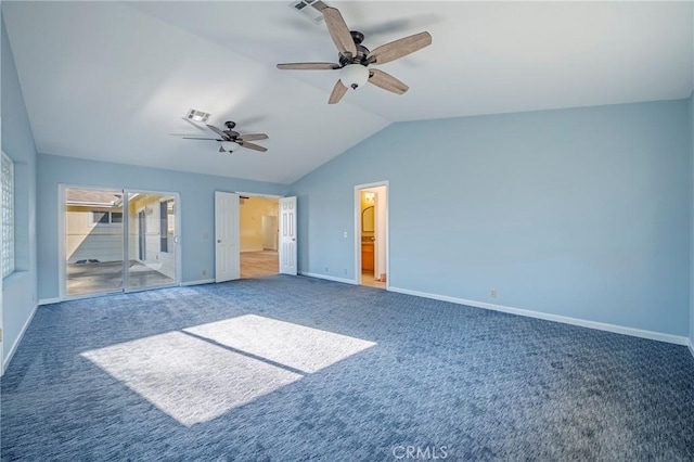 unfurnished bedroom featuring visible vents, carpet flooring, baseboards, and lofted ceiling