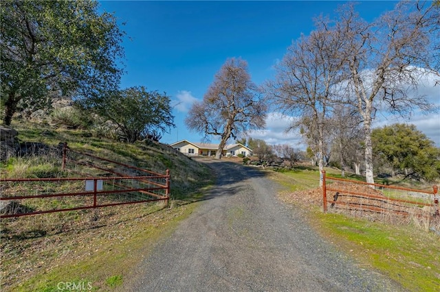 view of street featuring a rural view, driveway, and a gated entry