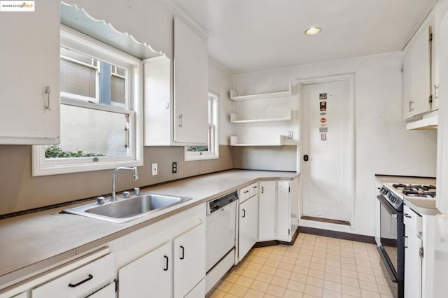 kitchen featuring white cabinetry, dishwashing machine, black gas stove, and sink