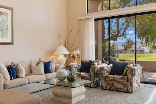 living room with a towering ceiling and a healthy amount of sunlight