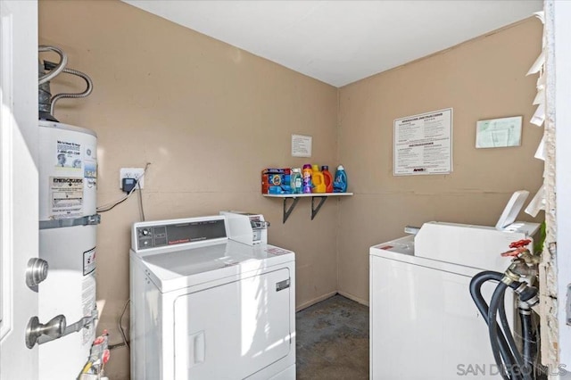 laundry area with washer and clothes dryer and strapped water heater