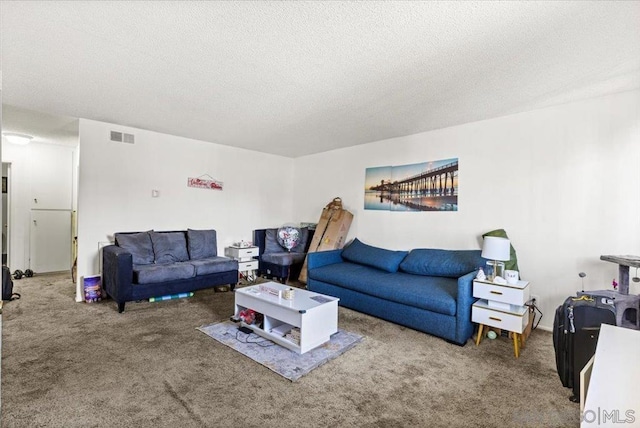 carpeted living room featuring a textured ceiling