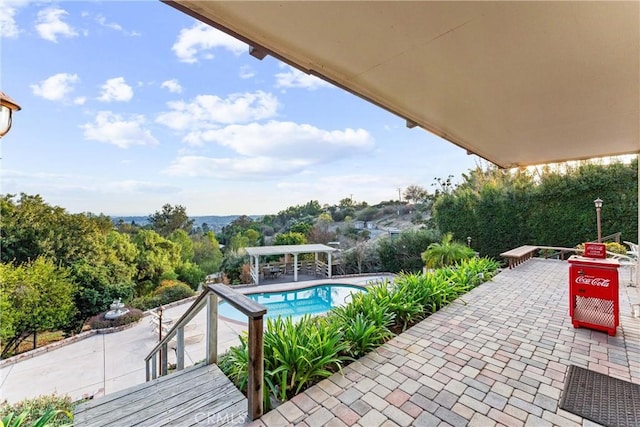 view of swimming pool featuring a pergola and a patio