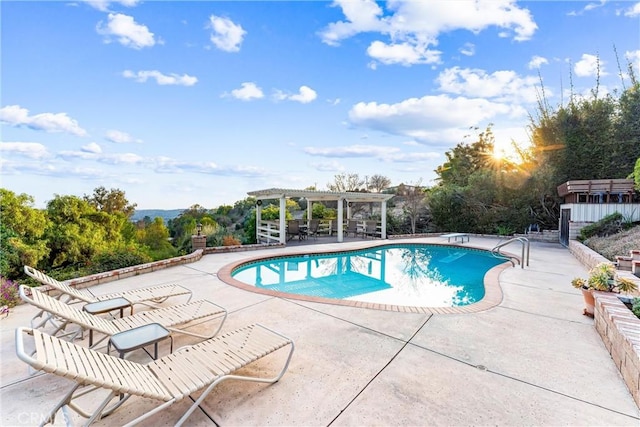 view of swimming pool featuring a pergola, a patio area, and a diving board