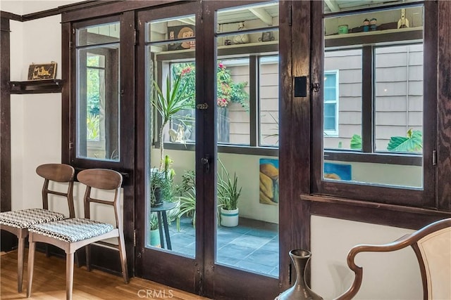 doorway featuring hardwood / wood-style floors and french doors