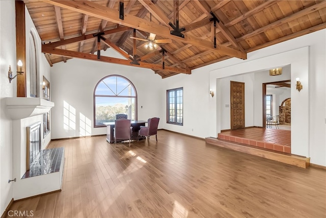 2572 Sunset Dr, Riverside, CA 92506 - interior space with hardwood / wood-style floors, high vaulted ceiling, ceiling fan, wooden ceiling, and beam ceiling