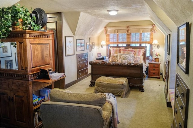 bedroom featuring lofted ceiling, light colored carpet, and a textured ceiling