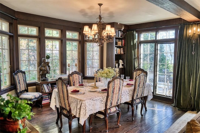 dining room featuring an inviting chandelier, plenty of natural light, and dark hardwood / wood-style flooring