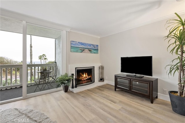 living room with crown molding, expansive windows, a brick fireplace, and light hardwood / wood-style flooring