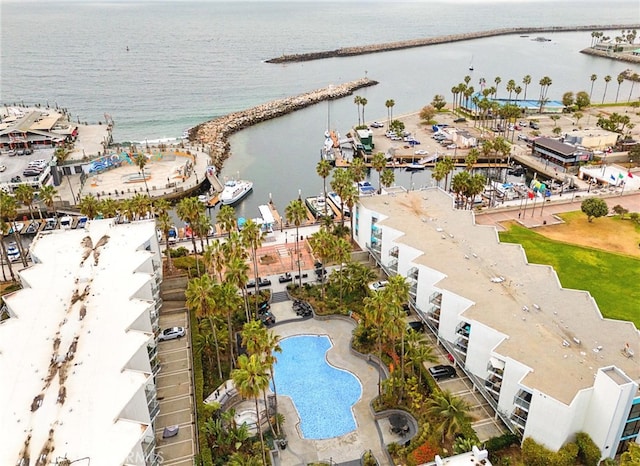 birds eye view of property featuring a water view