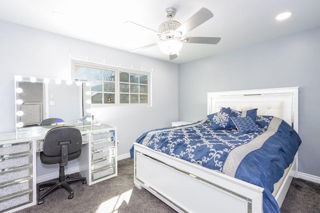 carpeted bedroom with ceiling fan