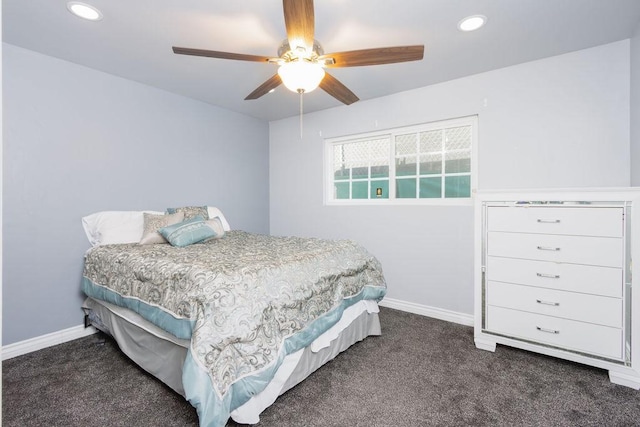 carpeted bedroom with ceiling fan