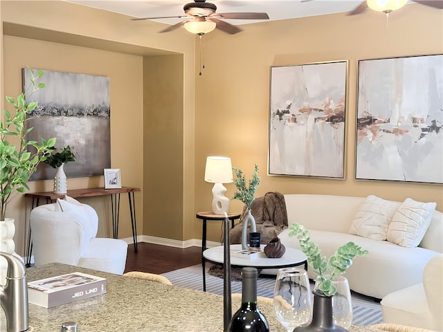 living room with ceiling fan and hardwood / wood-style floors