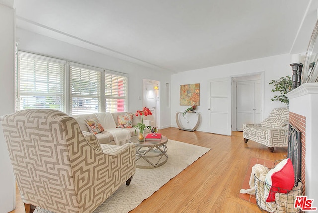 living room with a fireplace and light wood-type flooring