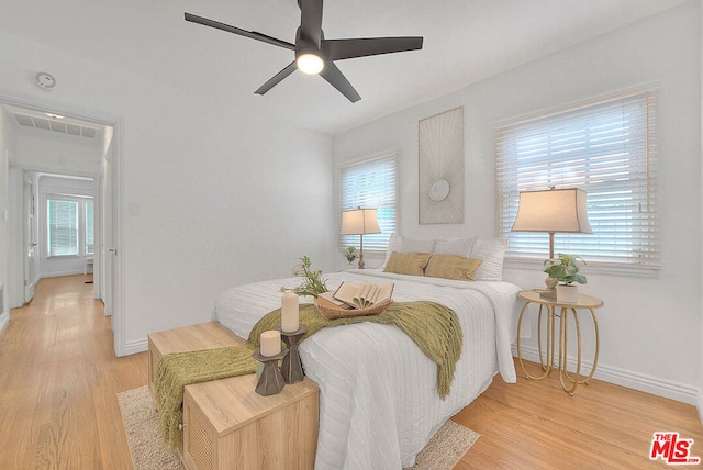 bedroom featuring ceiling fan and light wood-type flooring