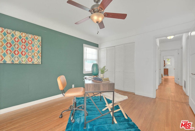 office space with ceiling fan and light wood-type flooring