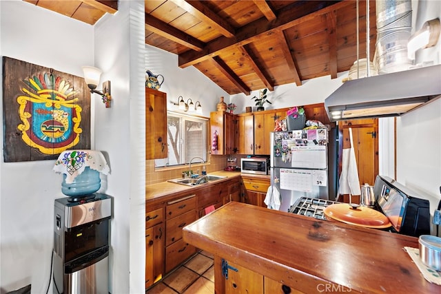 kitchen with sink, lofted ceiling with beams, wooden ceiling, appliances with stainless steel finishes, and backsplash