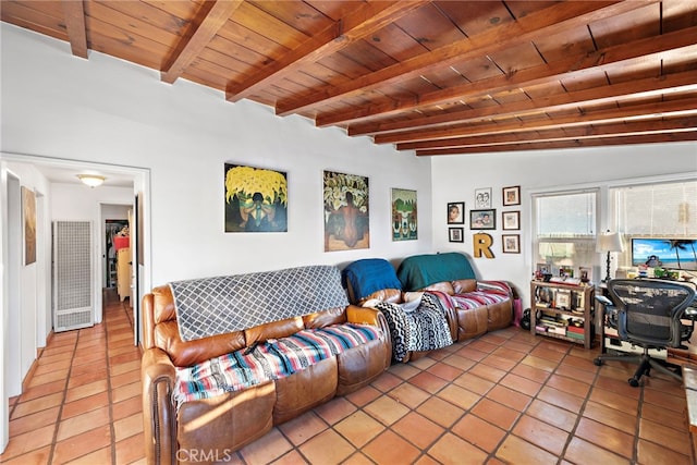 living room with light tile patterned floors, wood ceiling, and lofted ceiling with beams