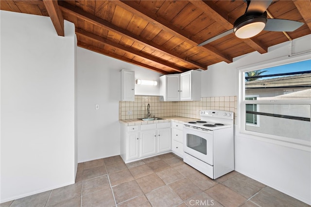 kitchen with white electric range oven, sink, lofted ceiling with beams, decorative backsplash, and white cabinets