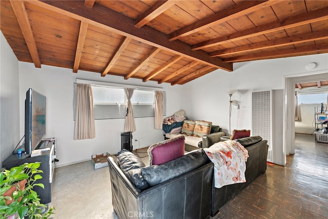 living room with lofted ceiling with beams and wooden ceiling