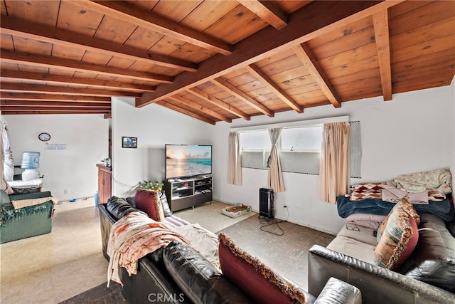 living room with wood ceiling and vaulted ceiling with beams