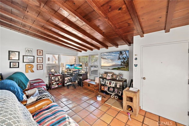 living room with light tile patterned flooring, wooden ceiling, and vaulted ceiling with beams