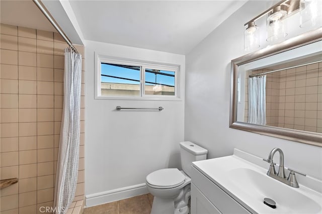 bathroom with a shower with curtain, vanity, toilet, and tile patterned flooring