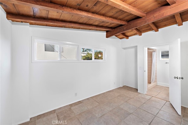 empty room featuring vaulted ceiling with beams and wood ceiling