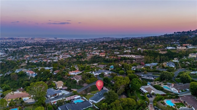 view of aerial view at dusk