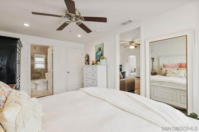 bedroom featuring ceiling fan and connected bathroom