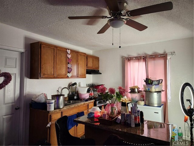 kitchen with ceiling fan, sink, and a textured ceiling