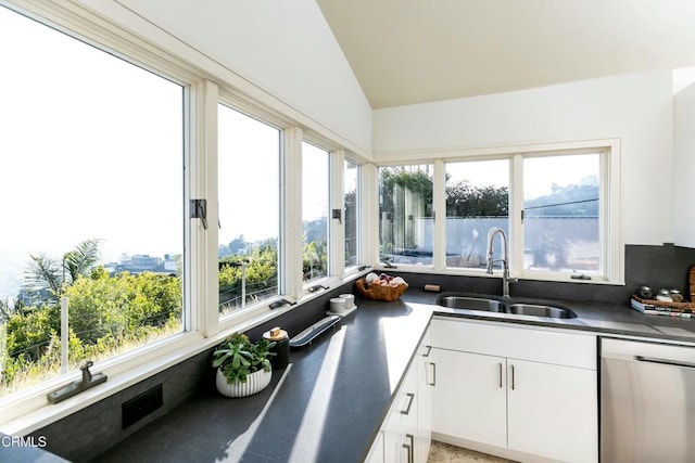 kitchen with white cabinetry, sink, lofted ceiling, and dishwasher