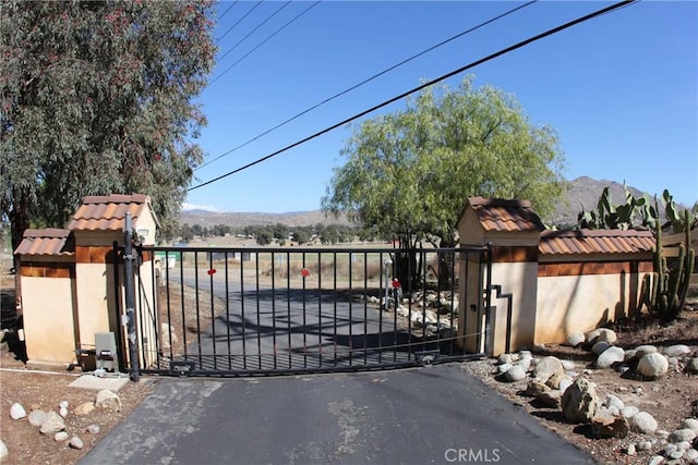 view of gate featuring a mountain view