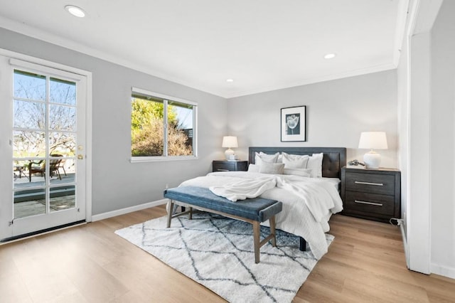 bedroom with crown molding, access to outside, and light wood-type flooring