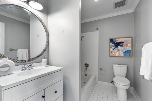 full bathroom with vanity, ornamental molding, bathtub / shower combination, tile patterned floors, and toilet